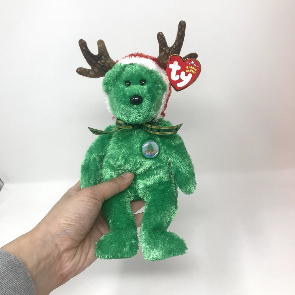 Vintage Ty Green Holiday Teddy Bear with Santa Hat and Reindeer Ears Beanie Baby